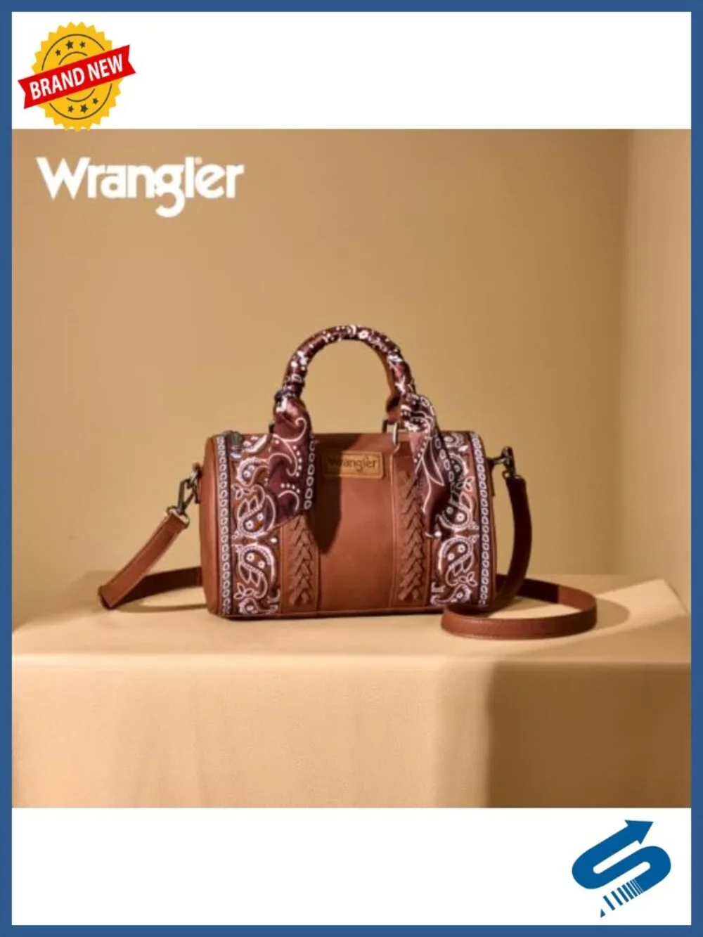 Faux Leather Wrangler Boston Bag, Floral Embroidered Barrel Purse with Bandana